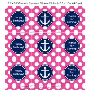 Cupcake topper, party printable, nautical, thank you, hang tag, sticker, label, girl, birthday, navy, pink, anchor, diy, instant download image 1