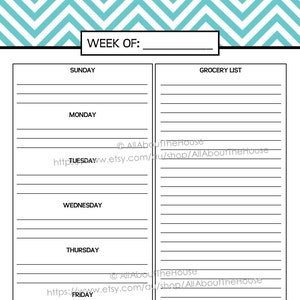 Wekelijkse maaltijdplanner Afdrukbare chevron blauw Menu Planner PDF Bewerkbare Huishoudmap 2014 2015 dagkalender Agenda Dagelijks brief toevoegen