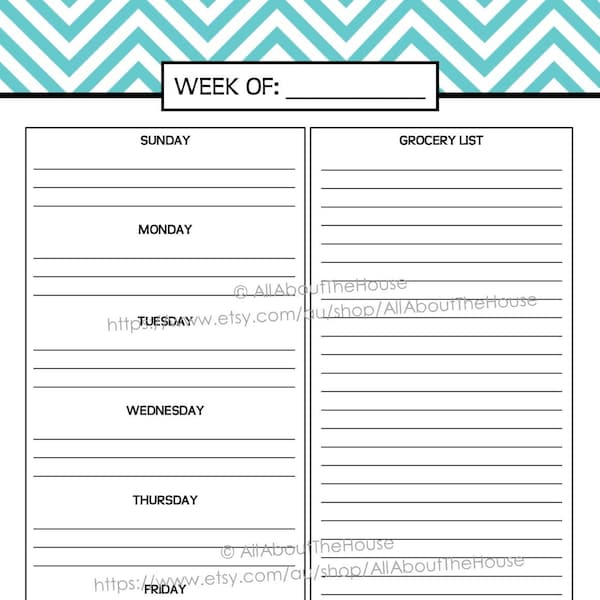 Weekly Meal Planner Printable chevron blue Menu Planner PDF Editable Household Binder 2014 2015 day calendar Agenda Add On letter daily