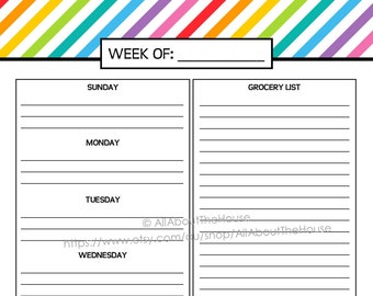 Weekly Meal Planner Printable Rainbow Stripe Menu Planner PDF Editable Household Binder 2016 2017 day calendar Agenda Add On letter daily