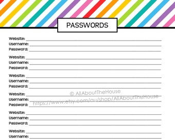 Password Log Printable Planner Daily Planner Agenda Add On day planner daily letter Rainbow Stripe PDF Editable Household Binder