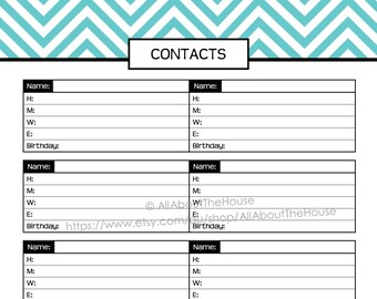 Contacts Printable chevron blue PDF Editable fillable Household Binder Planner 2014 2015 day Planner Agenda Add On address book letter