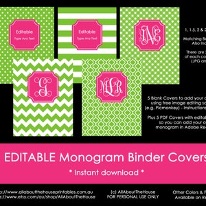 Editable Printable Monogram Binder Cover and spine chevron polka dot stripe gingham DIY Notebook Stationery Preppy school Green 40, pink 81