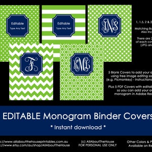 May include: Editable monogram binder covers in green and navy blue with various patterns including polka dots, stripes, chevron, and a geometric design.  The text "Editable Monogram Binder Covers" and "Instant download" are included in the image.  The text "1, 1.5, 2 & 2.5" Spines" is also included in the image.