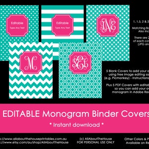 Monogram planner cover Binder Cover spine Editable Printable chevron polka dot stripe gingham DIY Notebook school college Teal 29, Pink 81