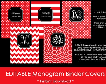 Editable Printable Monogram Binder Cover and spine chevron polka dot stripe gingham DIY Notebook Stationery Preppy school Red 104, Black