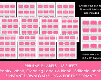 Pantry labels printable editable jpg pdf kitchen organization baking cleaning storage food blank choose your own chevron grey and pink