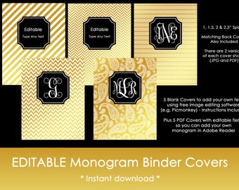 Gold Monogram Binder Cover and Black spine chevron polka dot ikat paisley arrows DIY Notebook Stationery Preppy school college editable