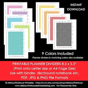 Planner Dividers Half Size Polka Dot Tabbed A5 Junior Arc Printable Binder Cover, planner accessories, rainbow, kikki k, filofax Instant DL