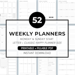 Weekly planner printable undated week on 1 page layout Monday Sunday start happy planner classic big US letter size minimalist disc insert