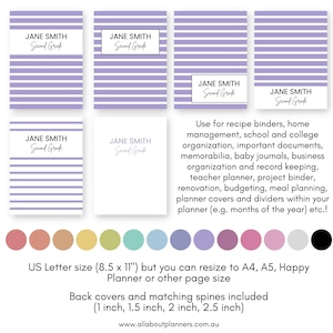 May include: A collection of binder or planner covers in various styles and colors. The covers feature a striped design in shades of purple and white, with text that reads "Jane Smith Second Grade". The image also includes text about the product's features and uses.