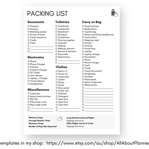 Packing List editable in canva printable planner insert list refill travel planning organizer vacation clothes medication trip planner