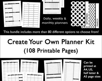 Custom planner kit printable build your own weekly daily monthly undated use for 2022 etc. monday and sunday template pdf instant download