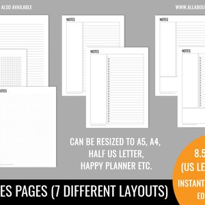 Peut inclure: Sept modèles de pages de notes imprimables différents, y compris des pages lignées, quadrillées et vierges.  Les pages sont conçues pour être utilisées avec les formats A5, A4, demi-lettre américaine et Happy Planner.  Le texte "NOTES PAGES (7 DIFFERENT LAYOUTS)" est en bas de l'image.  Le texte "8.5 X 11" (US LETTER SIZE)" est dans le coin inférieur droit de l'image.  Le texte "INSTANT DOWNLOAD EDITABLE" est dans le coin inférieur droit de l'image.