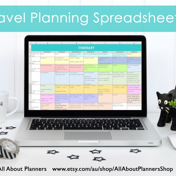 Travel Planning excel spreadsheets itinerary month week budget organizer spending to do list before we leave insurance transfer car rental