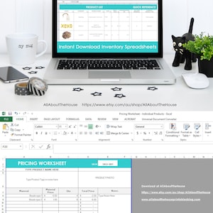 May include: A laptop screen shows Excel spreadsheets, including a "Product List" and a "Pricing Worksheet." A white mug with "my mug" is on the left. The image also features a black cat ornament, washi tape, and star-shaped confetti.