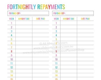 Fortnightly Repayments tracker printable editable insert expenses spending template planner rainbow money tracker finance pay off pdf