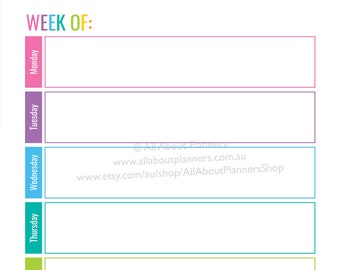 Weekly planner printable horizontal editable 1 page rainbow checklist cleaning shopping letter size can resize to A5 or happy planner mambi