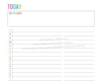 Daily planner printable editable day to a page schedule checklist meals priorities school rainbow black letter size can resize to A5 etc.