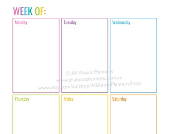 Weekly planner printable horizontal editable 1 page rainbow checklist cleaning shopping letter size can resize to A5 or happy planner mambi