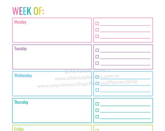 Weekly planner printable editable 1 page rainbow checklist cleaning shopping project planner letter size can resize to A5 or happy planner