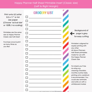 Puede incluir: Plantilla de lista de la compra imprimible para Happy Planner tamaño clásico. La plantilla tiene un fondo gris con un borde de rayas arcoíris. La plantilla tiene una lista de verificación con 15 líneas y un título que dice "Lista de la compra".