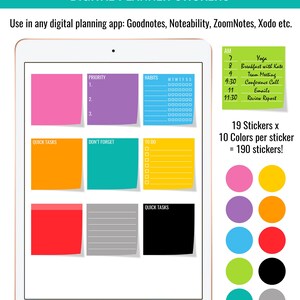 May include: A digital planner sticker set with 19 different designs in 10 colours, totalling 190 stickers. The stickers are displayed on a tablet screen and include designs for priority lists, habits, quick tasks, and to-do lists. The stickers are designed for use in digital planning apps like Goodnotes, Noteability, ZoomNotes, and Xodo.