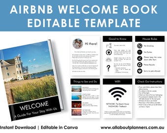 Airbnb welcome guide book host template tool serviced apartment vacation rental home short stay landlord VRBO (fully editable in Canva)