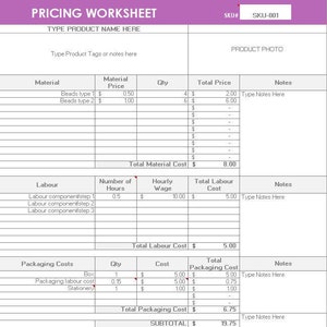 Pricing Calculator shop management Tool Etsy Sellers handmade product, cost of goods sold, COGS, worksheet spreadsheet excel file