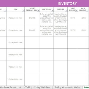 Inventory spreadsheet etsy seller tool shop management supplies materials cost of goods sold wholesale retail pricing worksheet excel PURPLE image 1