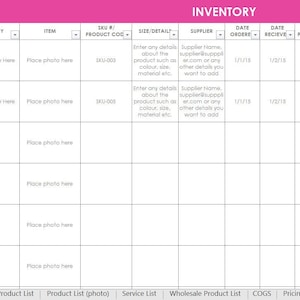 Inventory spreadsheet etsy seller tool shop management supplies materials cost of goods sold wholesale retail pricing worksheet excel PINK image 1