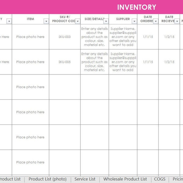 Inventory spreadsheet etsy seller tool shop management supplies materials cost of goods sold wholesale retail pricing worksheet excel PINK