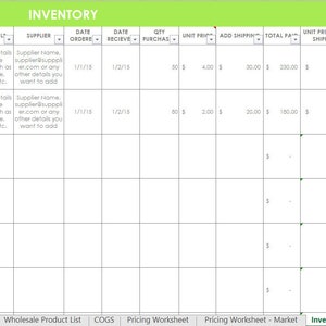 Inventory spreadsheet etsy seller tool shop management supplies materials cost of goods sold wholesale retail pricing worksheet excel GREEN image 1