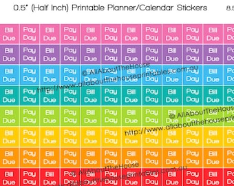 Pay Day Bill Due Planner Stickers / Calendar Printable 1/2" half Square Rainbow 2016 Daily Planner Organization ECLP etc.
