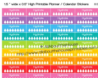 Hydrate Printable Calendar Planner Stickers Water Intake Tracker 1.5" wide x 0.5" Rainbow 2015 Planner  made for Erin Condren ECLP ect OL147