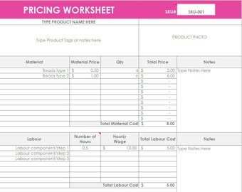 Pricing Calculator shop management Tool Etsy Sellers handmade product, cost of goods sold, COGS, worksheet spreadsheet excel file