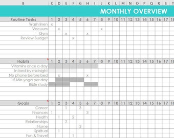 Monthly Habit Tracker spreadsheet Excel routine tasks, goals, google sheets template organize daily weekly monthly tasks cleaning chores