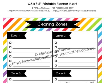 Planner Insert Cleaning Zones Schedule Printable Rainbow 6.5 x 8.5" for Erin Condren Plum Paper, Inkwell Press, Emily Ley, Day Designer etc