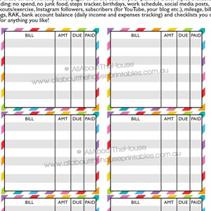 Può includere: Sei adesivi per planner stampabili colorati con il testo "BILL", "AMT", "DUE" e "PAID" in un formato a griglia. Gli adesivi sono progettati per adattarsi al planner Erin Condren Life. Il testo "AllAbout The House" e l'indirizzo del sito web "www.allaboutthehouseprintables.com.au" sono inclusi sugli adesivi.