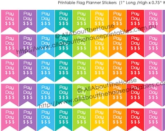 Día de pago Planificador imprimible Pegatinas Bandera Banner Calendario dinero finanzas Día de pago 1" H x 0.75" ancho Erin Condren Plum Paper u otro planificador F6-7