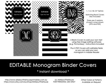 editable printable monogram binder cover and spine chevron etsy