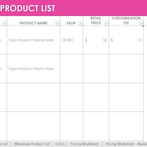 Inventory spreadsheet etsy seller tool shop management supplies materials cost of goods sold wholesale retail pricing worksheet excel PINK image 2