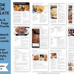 May include: A digital template for a cookbook with a variety of recipe cards. The template is fully editable in Canva and includes single and double page recipe cards. The cards feature different recipes, including Honey Mustard Chicken, Choc Chip Oat Slice, Easy Chicken Enchiladas, Mars Bar Slice, Chocolate Waffles, Grandma's Chocolate Cake, Brownies, Brookies, and Sweet & Sour Pork.