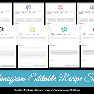 Monogram Recipe Sheet EDITABLE Recipe Card Preppy Template Wedding Elegant Monogram Recipe Book PDF fillable template personalised binder