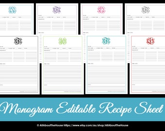 Monogram Receptenblad BEWERKBARE Receptkaart Preppy Sjabloon Bruiloft Elegant Monogram Receptenboek PDF invulbare sjabloon gepersonaliseerde binder