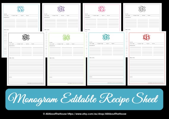 monogram recipe sheet editable recipe card preppy template wedding fillable recipe cards