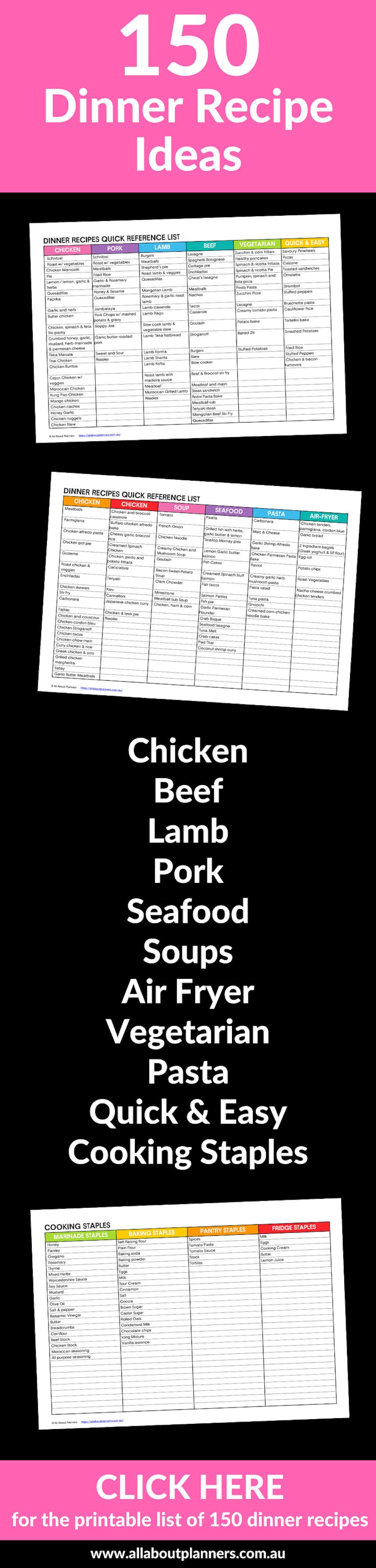 150 Dinner Ideas List Printable Rainbow Meal Planner Print at Any Page ...