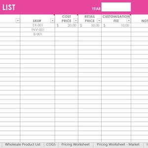 Inventory spreadsheet etsy seller tool shop management supplies materials cost of goods sold wholesale retail pricing worksheet excel PINK image 6
