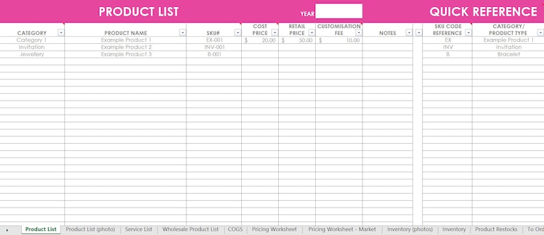 Inventory spreadsheet etsy seller tool shop management supplies materials cost of goods sold wholesale retail pricing worksheet excel PINK image 6