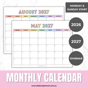 May include: Two printable monthly calendar pages for August 2027 and May 2027, featuring pastel-colored headers for days of the week. The text includes "MONDAY & SUNDAY START", "2026", "2027", "Undated", and "MONTHLY CALENDAR" with the website allaboutplanners.com.au.